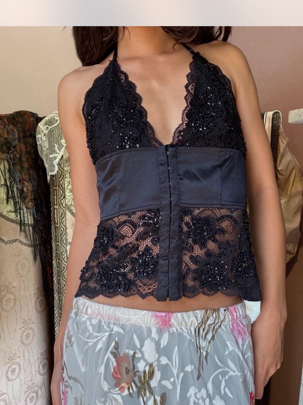Black Lace Beaded Halter Camisole